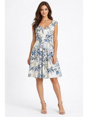 DB Womens Floral Fit Flare Dress White Blue Midi Pleated Summer Size 6